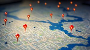 Cityscape with digital SEO map pins highlighting local businesses