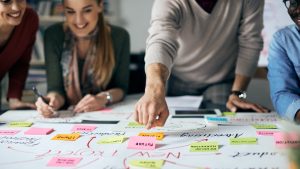 Marketing team using sticky notes on a whiteboard to map the customer journey and customer touchpoints.